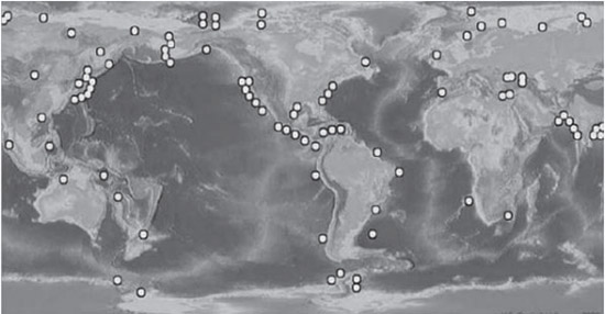 Рис. 3. Схема распространения гидрата метана в различных акваториях