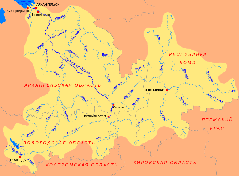 Рис.&nbsp;1. Карта-cхема бассейна Северной Двины (желтый фон). Север европейской части России&nbsp;[10]
