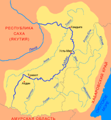 Рис. 4.&nbsp;Карта-схема бассейна Алдана (желтый фон). Дальний Восток России&nbsp;[1]