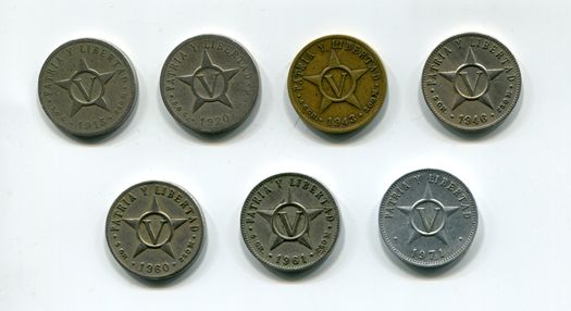 Рис. 6. Монеты 5 сентаво. 1915–1961 – никелевые (кроме бронзовой 1943), позже – алюминиевые