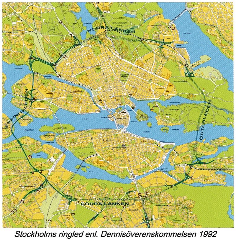 Рис.&nbsp;1. Полузаконченная кольцевая автодорога вокруг центральной части Стокгольма на карте [5]