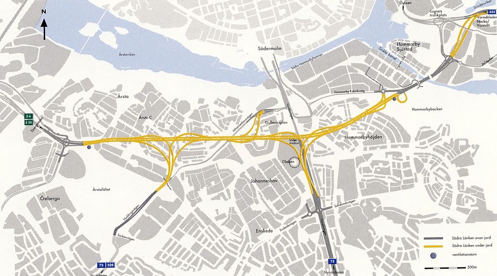 Рис. 2. Система тоннелей &#171;Сёдра Лэнкен&#187;, являющаяся частью кольцевой автодороги, на карте южной части Стокгольма (выделена желтым цветом) [5]