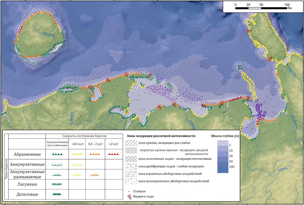 Рис. 1. Карта абразионной и ледово-экзарационной опасности Печорского моря