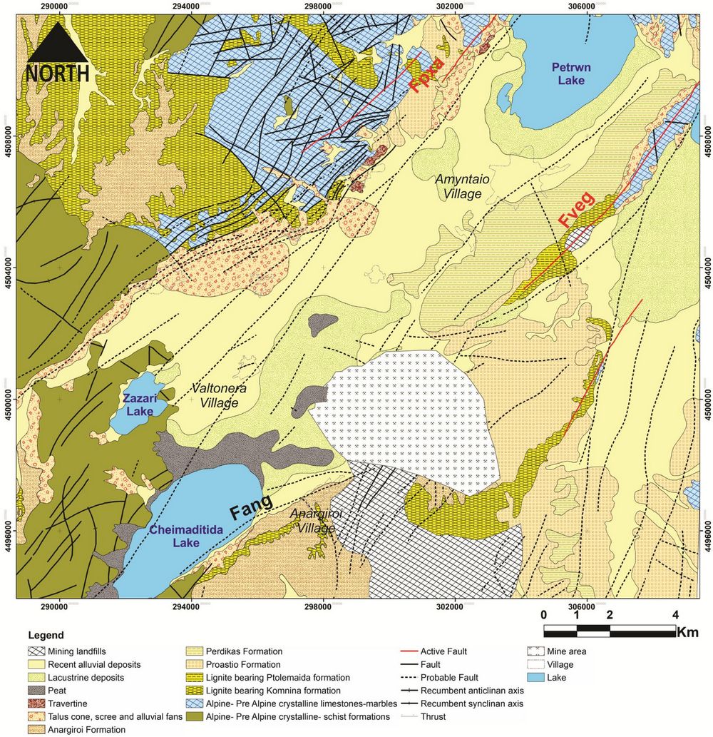 Рис. 2. Геологическая карта угленосного суббассейна Аминдео (Аминтайо, Amyntaio)&nbsp;[1]. См. также таблицу&nbsp;1
