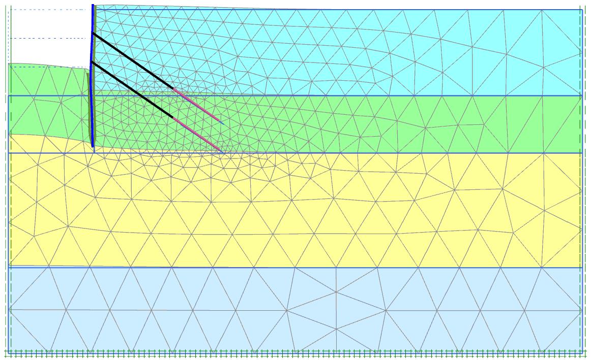 Рис. 3. Использование модели Мора&nbsp;– Кулона, которая показывает нереалистичный выпор грунта за подпорной стенкой