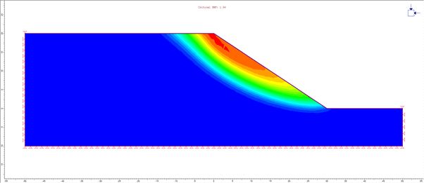 Рис. 3. Контуры общего смещения для 2D-анализа SSR. Коэффициент надежности SSR для плотностей сетки (более или менее), аналогичных 3D-моделям, варьировался от 1,56 до 1,59